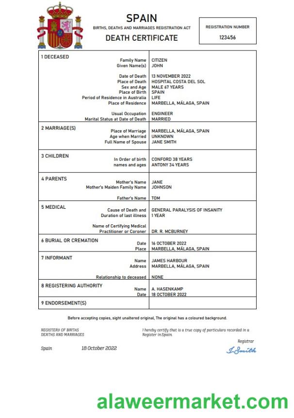 Spain death certificate Word and PDF template